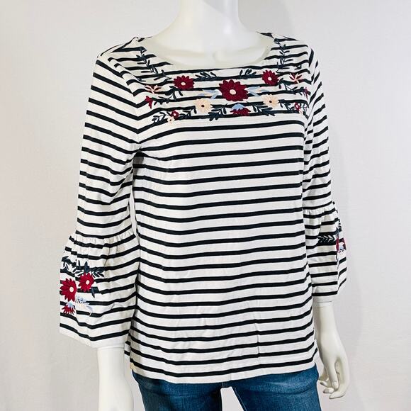 J. Crew Sweaters - J. Crew Embroidered Knit Sweater Women's Medium White Striped Floral Bell Sleeve